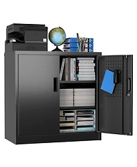 Boyel Living Metal Office Storage Cabinet with Pegboard, Lockable Filing Credenza with Adjustable Shelves for Home and Garage
