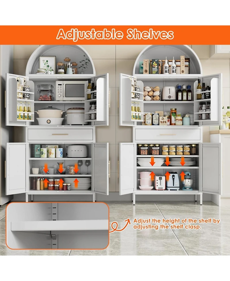 Boyel Living 72.8" Metal Arched Pantry Cabinet, Farmhouse Kitchen Organizer with Drawer and Adjustable Shelves