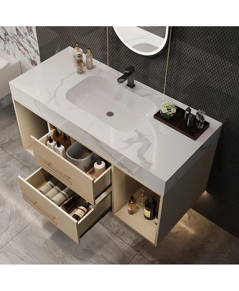 Thirtypeachy 39.4" Modern Sintered Stone Floating Bathroom Vanity Set, Ceramic Sink Included, 2 Drawers And 2 Open Shelves
