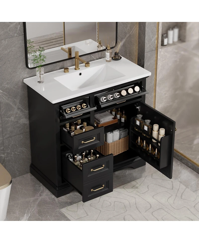Sillysis 36 Inch Freestanding Bathroom Vanity with Ceramic Sink, 4 Soft Close Drawers, Adjustable Storage Shelf
