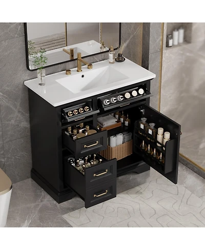 Sillysis 36 Inch Freestanding Bathroom Vanity with Ceramic Sink, 4 Soft Close Drawers, Adjustable Storage Shelf