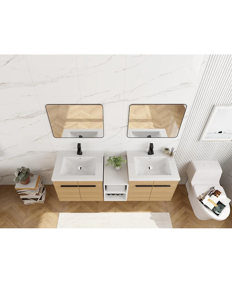 Sillysis 59 Inch Wall Mounted Double Bathroom Vanity with Dual Resin Sinks and Open Storage Shelves for Modern Master Bath