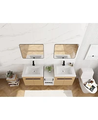 Sillysis 59 Inch Wall Mounted Double Bathroom Vanity with Dual Resin Sinks and Open Storage Shelves for Modern Master Bath