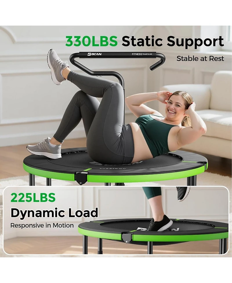 Bcan SP3 Foldable Mini Rebounder Trampoline with Adjustable T Shape Foam Handrail 40 Inch Indoor Garden Workout Trampoline for Adults 330LBS