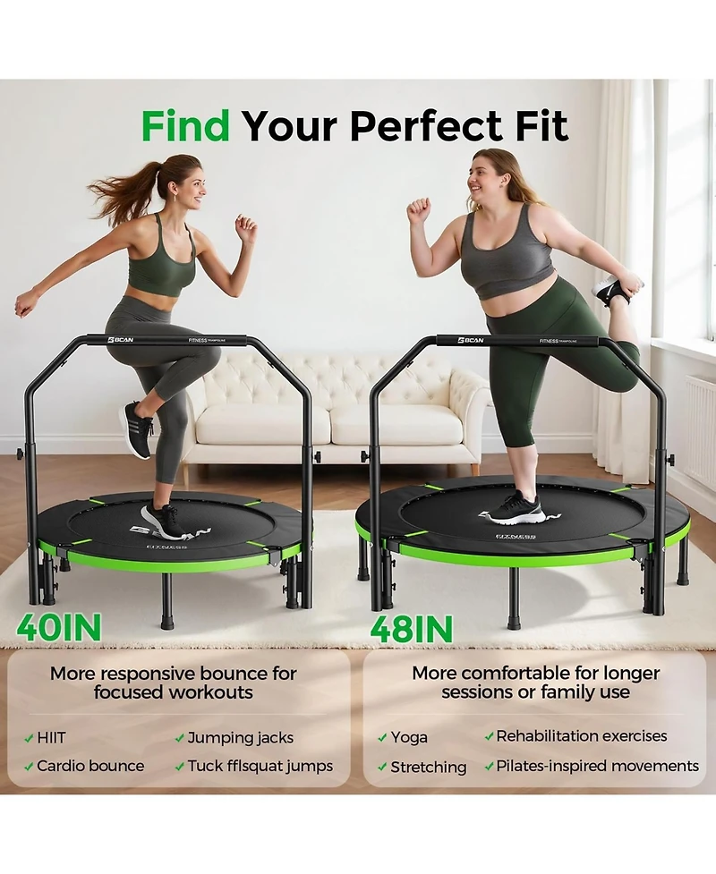 Bcan SP3 Foldable Mini Trampoline with U Shape Adjustable Foam Handle 48 Inch Adult Rebounder Trampoline Home Fitness Workout Max Load 440LBS