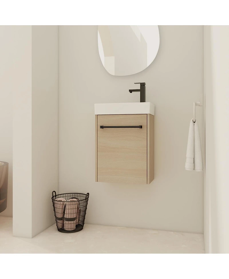Sillysis 16 Inch Wall Mounted Bathroom Vanity with Ceramic Sink, Soft Close Door, Modern Floating Cabinet for Small Spaces