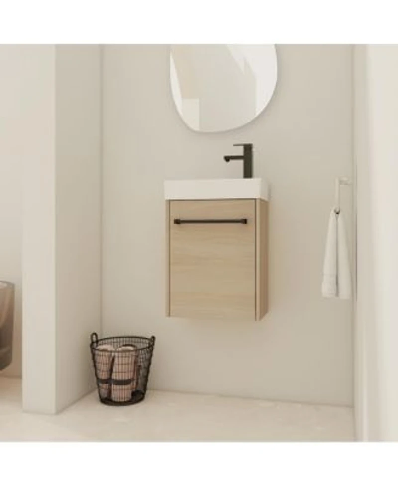 Sillysis 16 Inch Wall Mounted Bathroom Vanity With Ceramic Sink Soft Close Door Modern Floating Cabinet For Small Spaces