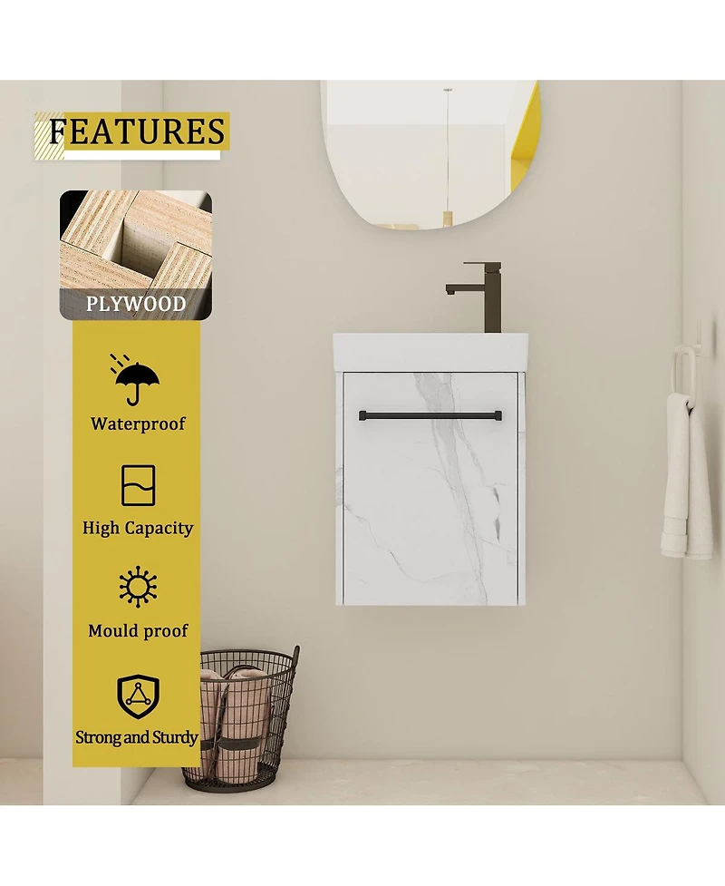 Sillysis 16 Inch Wall Mounted Bathroom Vanity with Ceramic Sink, Soft Close Door, Modern Floating Cabinet for Small Spaces