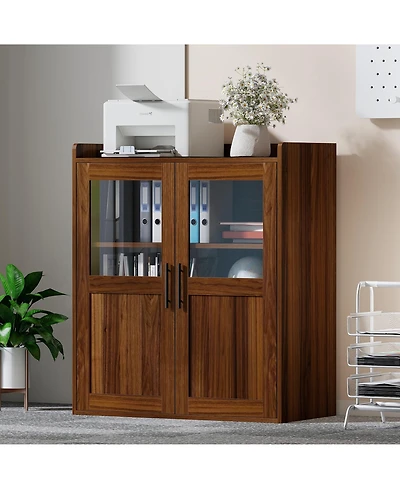 Boyel Living Glass Door Storage Cabinet with Display and Hidden Storage for Small Spaces