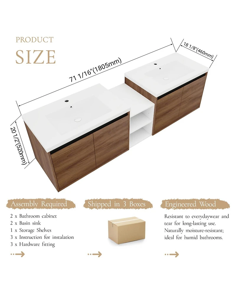 Sillysis Inch Wall Mounted Double Bathroom Vanity with Dual Resin Sinks and Open Storage Shelves for Modern Master Bath