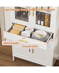 Boyel Living Farmhouse Arched Coffee Bar Cabinet, White Metal Pantry Hutch with Glass Doors and Drawers