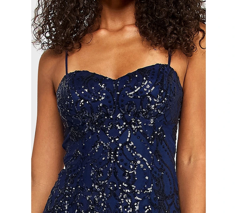 B Darlin Juniors' Sweetheart Neck Chiffon Back Tie Pattern Sequin Dress