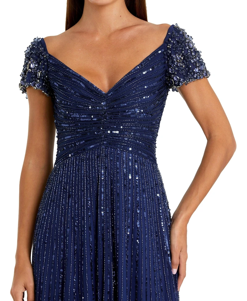 Mac Duggal Women's Beaded Cap Sleeve V-Neck A-Line Evening Gown