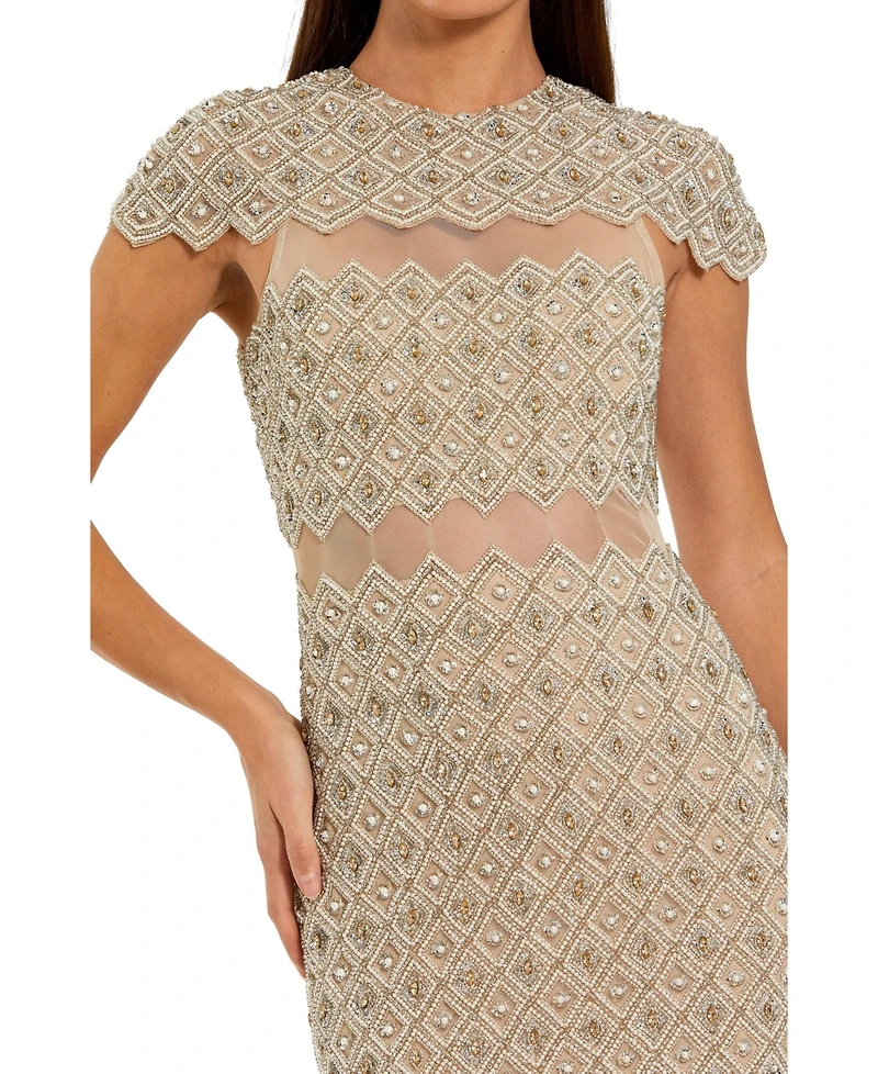 Mac Duggal Women's Beaded Mesh Sheath Midi Dress with Sheer Panels