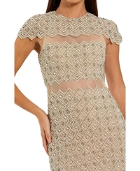 Mac Duggal Women's Beaded Mesh Sheath Midi Dress with Sheer Panels