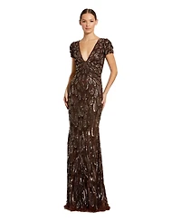 Mac Duggal Petite Beaded Sequin V-Neck Cap Sleeve Fitted Column Gown