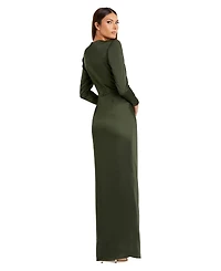 Mac Duggal Women's Petite Long Sleeve Satin Structured Bow Draped Column Gown