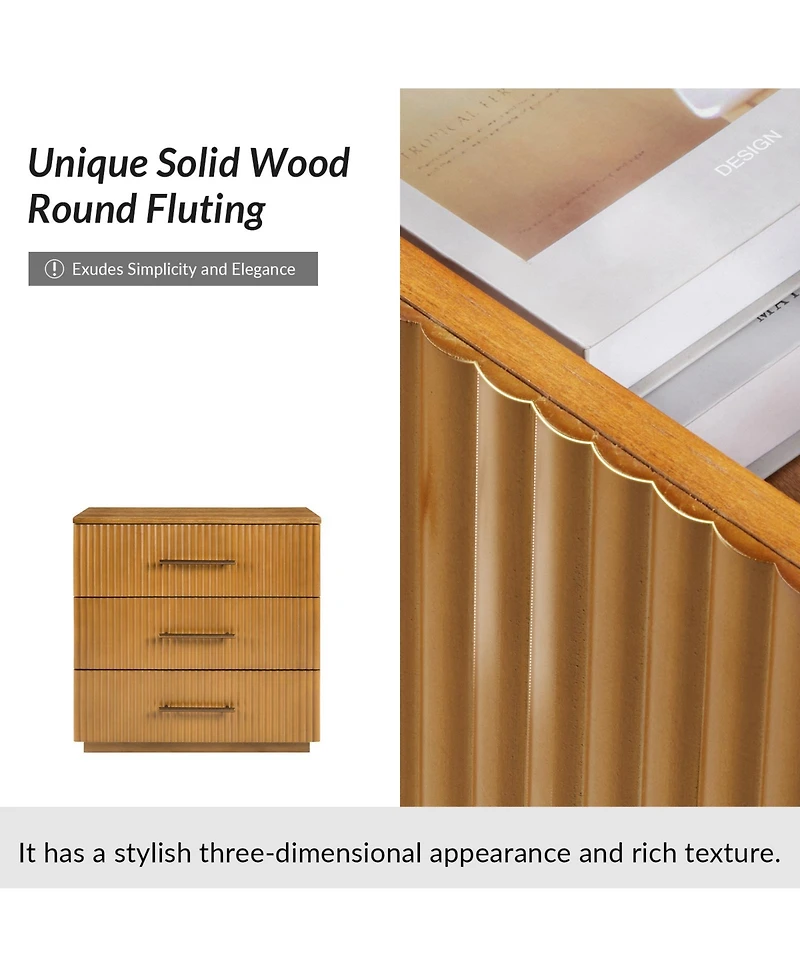 Hulala Home Isla 26''W Modern 3-Drawer Fluted End Table with Charging Station