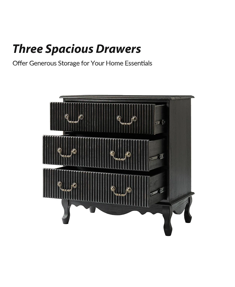 Hulala Home Larisa Transitional 28"W 3-Drawer Solid Wood Fluted End Table with Built-In Power Outlet and Simple Assembly