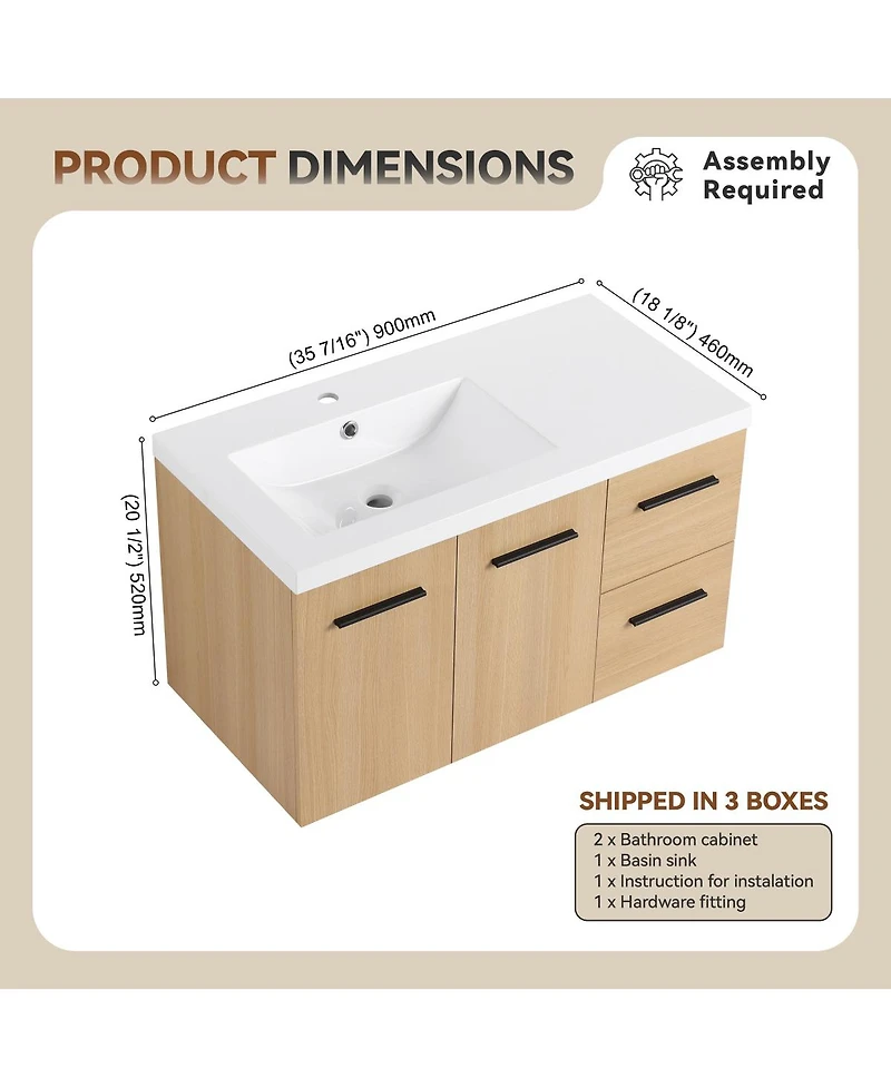 Sillysis 36 Inch Wall Mounted Bathroom Vanity with Drawers, Resin Sink, Soft Close Doors