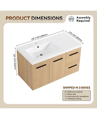 Sillysis 36 Inch Wall Mounted Bathroom Vanity with Drawers, Resin Sink, Soft Close Doors