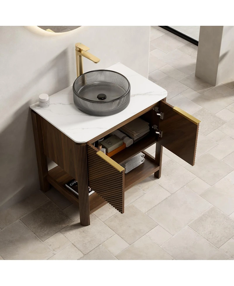 Sillysis Modern Bathroom Vanity with Vessel Sink, Sintered Stone Countertop, Soft Close Solid Wood 3D Doors