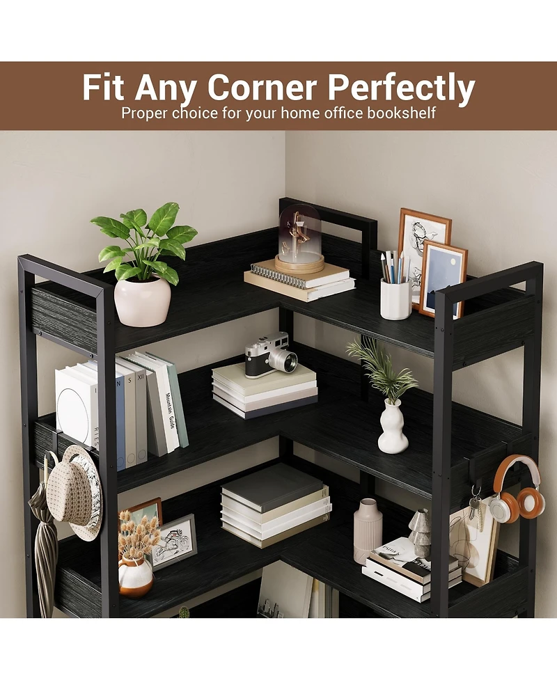homfan Corner Bookshelf, 5-Tier Convertible l-Shaped Bookshelf Modern Industrial Design for Study Room Storage Display