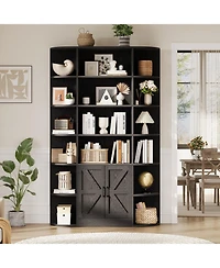 homfan Furniture 6-Tier Wooden Storage Bookcase with Cabinet and Doors, Modern 75 Inch Tall Display Organizer for Activity Room, Living Room Home