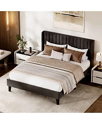 homfan Velvet Bed Frame with Upholstered Headboard, Platform Wingback Wood Slats,No-noise, No Box Spring Needed