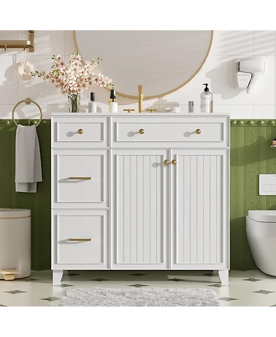 Thirtypeachy 36" Modern Solid Wood Mdf Vanity With Ceramic Sink, Double-Layer Drawer Soft-Close Doors, Adjustable Shelf Overflow