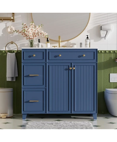 Thirtypeachy 36" Modern Solid Wood Mdf Vanity With Ceramic Sink, Double-Layer Drawer Soft-Close Doors, Adjustable Shelf Overflow