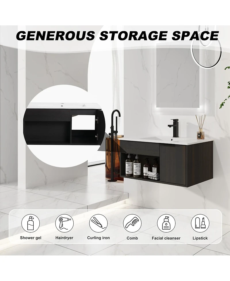 Sillysis Wall Mounted Bathroom Vanity with Ceramic Sink, Soft Close Door, Open Shelf Storage