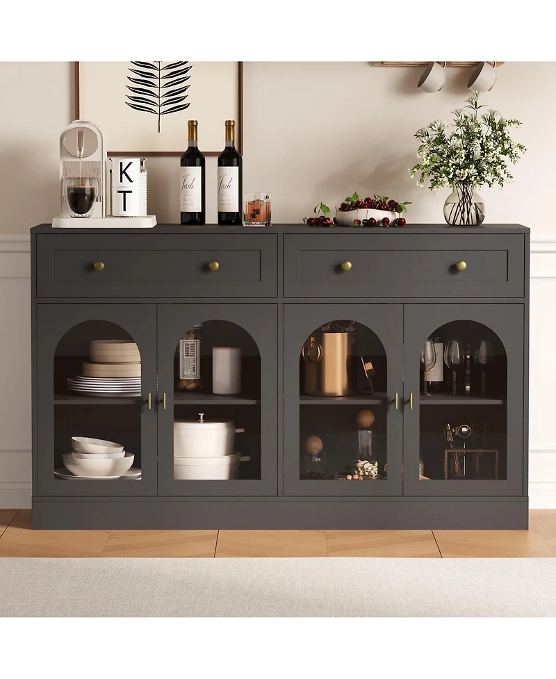 homfan 55 Inch Farmhouse Wooden Sideboard Buffet, Storage Console Table with 4 Acrylic Doors and 2 Drawers for Kitchen, Living Room Entryway