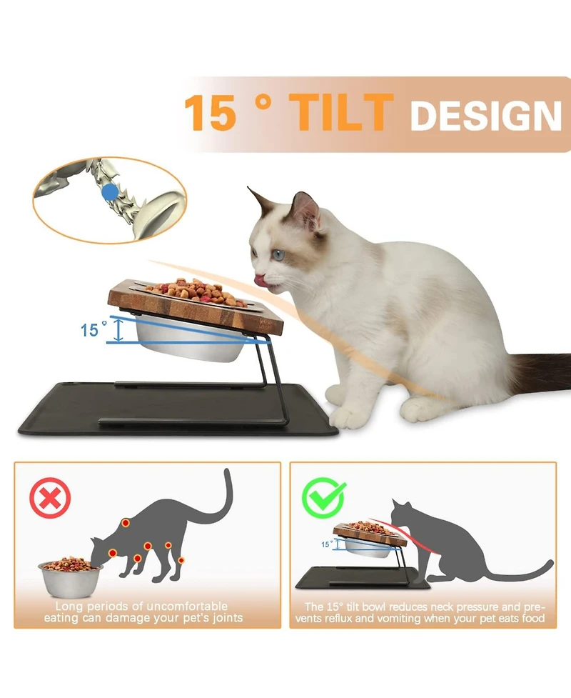 Aronkl Walnut Wood Elevated Pet Feeder Set 15 Degree Tilt Anti Slip Stainless Steel Bowls