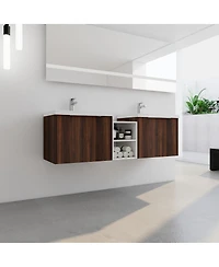 Sillysis 59 Inch Wall Mounted Double Bathroom Vanity with Resin Sinks, Plywood Cabinets and Open Storage for Modern Bathrooms