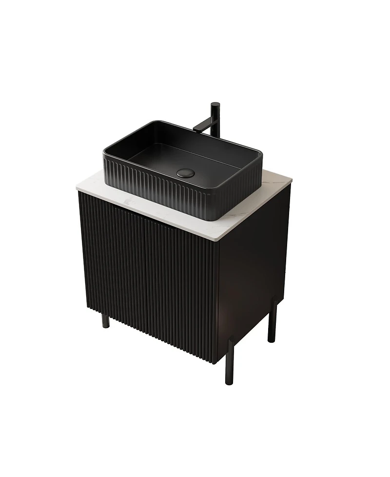 Sillysis 60 Inch Bathroom Vanity with Double Vessel Sinks, Sintered Stone Countertop, Soft Close Doors, Open Shelf Storage