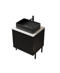 Sillysis 60 Inch Bathroom Vanity with Double Vessel Sinks, Sintered Stone Countertop, Soft Close Doors, Open Shelf Storage