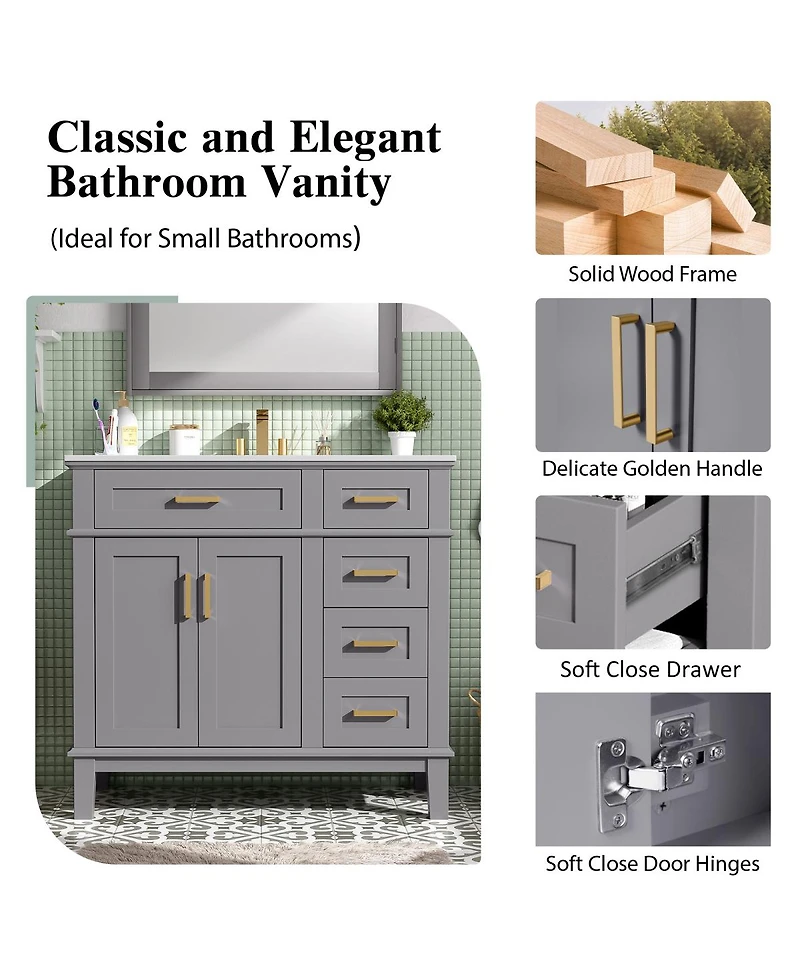 Sillysis 36" Modern Bathroom Vanity with Sink, Freestanding Solid Wood Cabinet, Soft Close Drawers for Home Bathroom