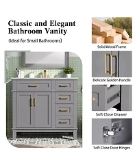Sillysis 36" Modern Bathroom Vanity with Sink, Freestanding Solid Wood Cabinet, Soft Close Drawers for Home Bathroom