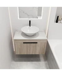Sillysis Wall Mounted Bathroom Vanity with Ceramic Vessel Sink, Stone Top, Soft Close Doors, Modern Handle Design