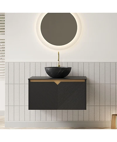Sillysis 24" Wall Mounted Bathroom Vanity with Ceramic Vessel Sink, Sintered Stone Top, Soft Close Door, Modern Plywood Cabinet