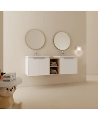 Sillysis 60 Inch Wall Mounted Double Sink Bathroom Vanity Set, Soft Close Doors, Storage Shelf, Modern Floating Cabinet