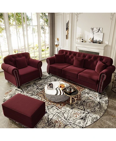 Streamdale Furniture Velvet Chesterfield Sofa with Nailhead Trim and Ottoman