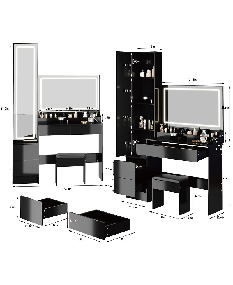 Streamdale Furniture Extra Large Led Vanity Table with Mirror Cabinet Cushioned Stool and Storage