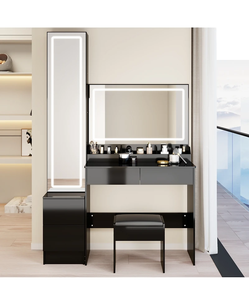 Streamdale Furniture Extra Large Led Vanity Table with Mirror Cabinet Cushioned Stool and Storage