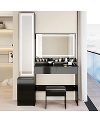 Streamdale Furniture Extra Large Led Vanity Table with Mirror Cabinet Cushioned Stool and Storage