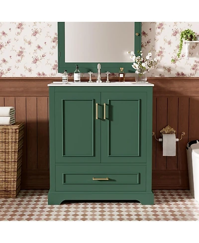 Thirtypeachy 30" Modern Freestanding Vanity With Ceramic Sink, Solid Wood Frame Mdf Cabinet, Soft-Close Storage