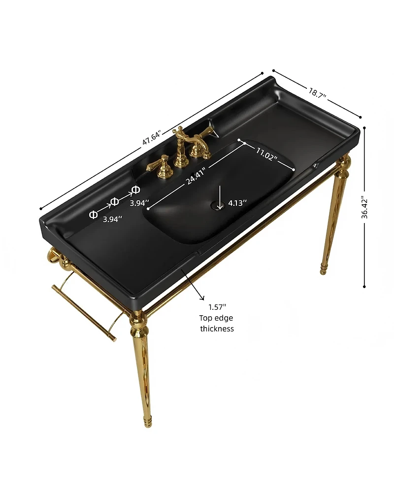 Sillysis 48" Bathroom Console Sink with Ceramic Vanity, Wall Mounted Basin and Stainless Steel Legs, Towel Bar Included