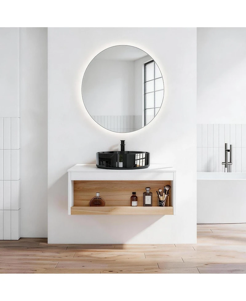Sillysis Inch Wall Mounted Bathroom Vanity with Marble Vessel Sink, Floating Plywood Cabinet