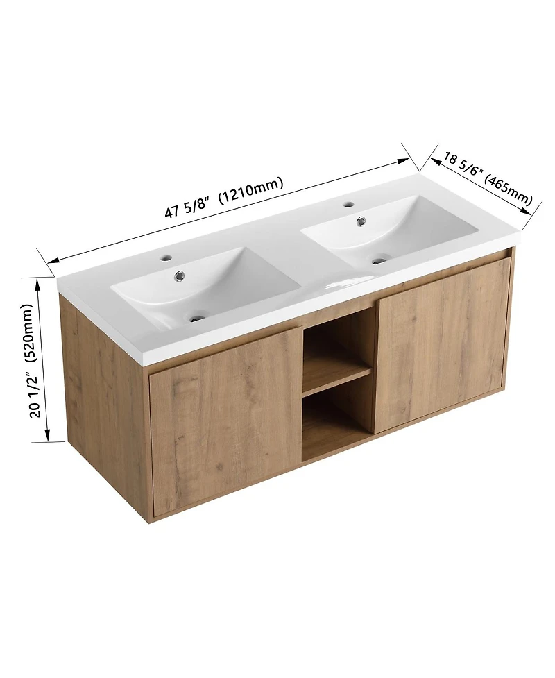 Sillysis 48 Inch Wall Mounted Double Sink Bathroom Vanity with Resin Basin, Soft Close Doors, Open Storage, Modern Floating Cabinet